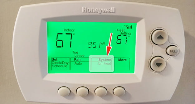 Em Heat displayed on thermostat